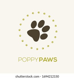Paw print logo with circular frame. Cat or dog symbol isolated on light background. Animal trace flat icon.Vector illustration for veterinary medicine clinic and pet care.