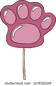 Paw print lollipop. Sweets in a flat design. Colored vector illustration on a white background. Cartoon style, doodle.