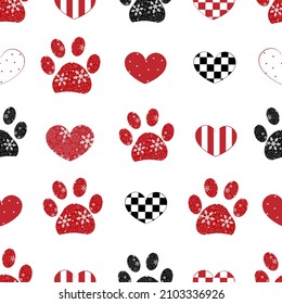 Paw print made of snowflake and hearts. Seamless pattern for fabric children textile design