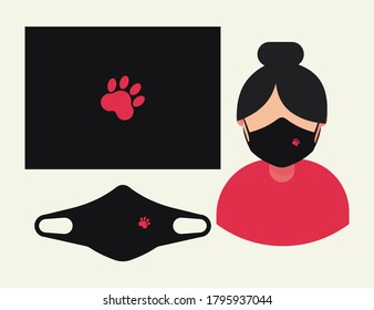 Paw print on black face mask vector illustration