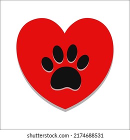 Paw print on a red heart concept symbol of caring and love for animals