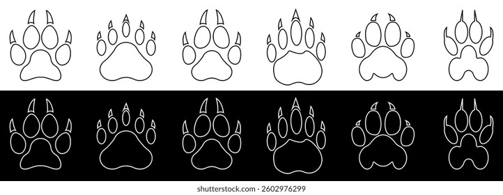 Paw Print Outline Set. Animal Tracks Collection. Vector illustration isolated on black and white background.