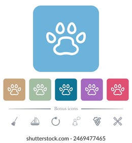 Iconos planos blancos con contorno de impresión de pata sobre fondos cuadrados redondeados de color. 6 iconos de bonificación incluidos