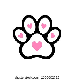 Paw print outlined in bold black, with pink hearts embedded in the pads.