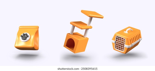 Paw print pack, carrier, cat house with beds and scratching posts