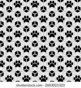 Paw Print Pattern, Black and White Vector Illustration.
