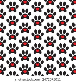 Impresión de patas con patrón de corazón rojo . Huella de perro con patrón de corazón . Ilustración vectorial