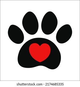 Paw print with red heart sign icon concept of care and love for animals symbol