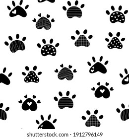 Paw print repeating seamless pattern. Silhouette dog paw. Doodle style. Vector illustration.