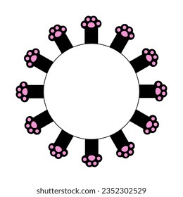 Paw print round frame. Black cat kitten legs. Funny kawaii doodle animal body part . Cute cartoon funny baby pet character. Flat design. White background. Vector illustration