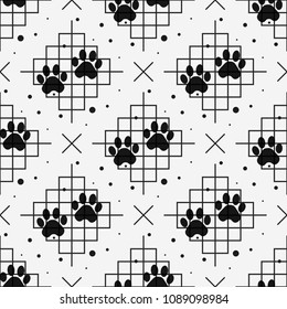 Paw print seamless with line texture. Traces of Cat Textile Pattern. Vector seamless