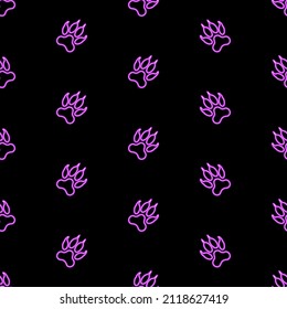 paw print seamless pattern, bright vector illustration on black background.