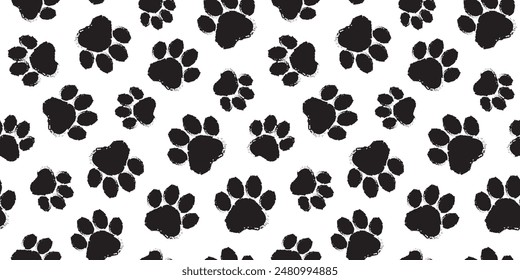 Paw print seamless pattern, cat, dog foot, animal sketch background. Animal step texture. Bear, panda, tiger grunge stamp repeat foot track wallpaper. Cartoon monochrome bg. Black vector illustration