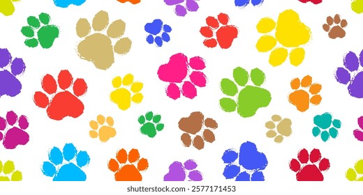 Paw print seamless pattern, cat or dog foot colorful crayon, animal doodle sketch background. Pet step grunge texture. Bear, panda, tiger stamp foot track wallpaper. Cartoon vector illustration