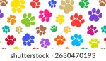 Paw print seamless pattern crayon, cat or dog foot color chalk bg, animal doodle sketch background. Pet step grunge texture. Bear, panda, tiger stamp foot track wallpaper. Cartoon vector illustration