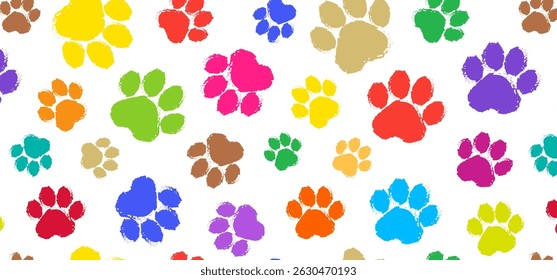 Paw print seamless pattern crayon, cat or dog foot color chalk bg, animal doodle sketch background. Pet step grunge texture. Bear, panda, tiger stamp foot track wallpaper. Cartoon vector illustration