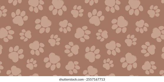 Paw print seamless pattern mocha mousse color, cat and dog foot, animal step background. Bear, panda, tiger stamp bg. Cartoon grunge texture. Trendy colors 2025 year. Vector illustration