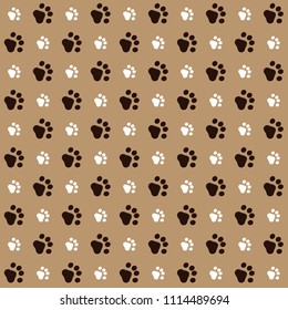 Paw print seamless pattern. Pawprint on brown background. Design for textile, wallpaper, fabric. Pet care symbol. Repeat ornament with paw marks
