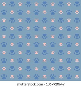 Paw print seamless pattern. Pawprint on blue background. Design for textile, wallpaper, fabric. Pet care symbol. Repeat ornament