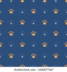Paw print seamless pattern. Pawprint with heart in white and ochre color on blue background. Design for textile, wallpaper, fabric, wrapping, scrap, gift paper. Pet care symbol. Vector repeat ornament