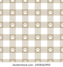 Paw print seamless pattern. Repeating cute plaid tartan pastel color. Check design for prints. Repeated scottish madras fabric. Neutral wool lattice. Repeat abstract ekose woven. Vector illustration