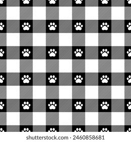 Paw print seamless pattern. Repeating cute plaid tartan color. Check design for prints. Repeated scottish madras fabric. Neutral wool lattice. Repeat abstract ekose pat woven. Vector illustration