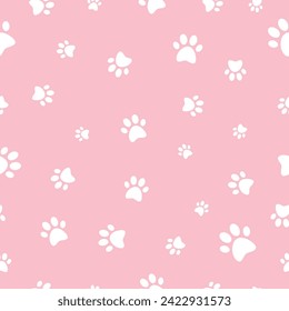 Paw print seamless. Texture, cute, pet, paw, footprint, puppy, cat, background ,abstraction, graphics, cartoon, design, wallpaper, pink background.Concept design. Vector illustration