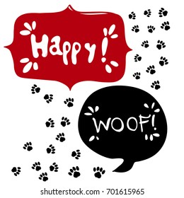 Paw print seamless. Vector background. speech bubble. Text Happy