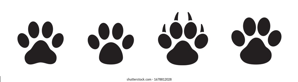 Paw print set. Paw foot trail print of animal. Dog, cat, bear, puppy silhouette. Collection of paw prints. Different animal paw - stock vector.