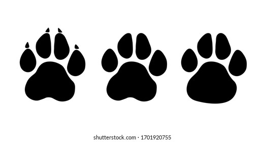 Paw print set. Paw foot trail print of animal. Dog, cat, bear, puppy silhouette. Collection of paw prints. Different animal paw - stock vector. svg