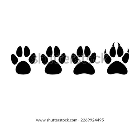 Paw print set. Paw foot trail print of animal. Silhouettes of paws, dog, cat, bear, puppy silhouette. Large set of animal teps imprints on white background vector design and illustration.

