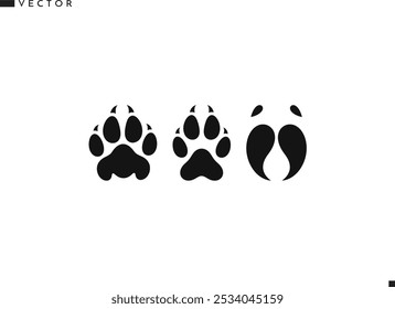 Paw print silhouette. Isolated bull cow leopard wolf and fox paw prints vector