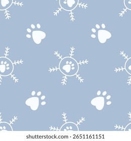 Paw Print and Snowflake Seamless Pattern. Creative Pet Winter Background with animal signs and soft pastel blue color. Repeat vector illustration in doodle style