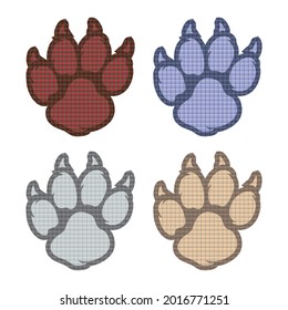 Paw Print With Textile Texture. Dog Or Cat Paw With Plaid Pattern. Dog Paw Vector Illustration
