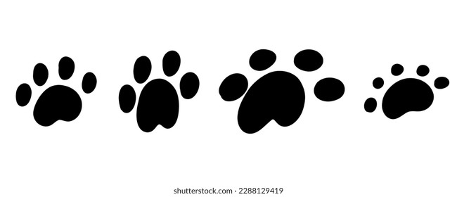 Paw print. Trace of animal. Pawprint of cat, dog, mink, lion, tiger, bear. Vector black icon track illustration on a white background.