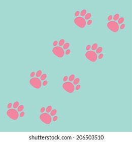 Paw print track diagonal. Blue and pink. Vector illustration