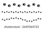 Paw print trail border separator silhouette. Vector clipart of animal tracks in a row. Perfect for pet-themed designs, invitations, greeting cards, or website dividers.