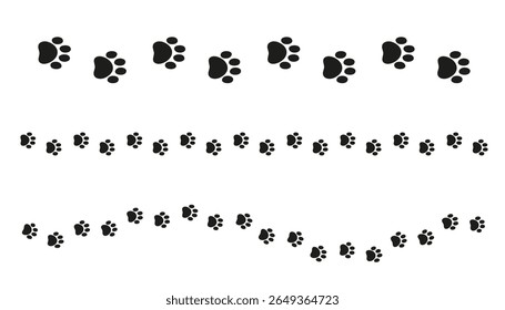 Silhueta separador de borda de trilha de impressão de patas. Clipart vetorial de rastros de animais em uma fileira. Perfeito para projetos com tema de animais de estimação, convites, cartões de saudação ou divisores de sites.