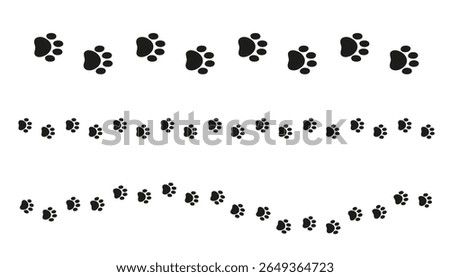 Paw print trail border separator silhouette. Vector clipart of animal tracks in a row. Perfect for pet-themed designs, invitations, greeting cards, or website dividers.