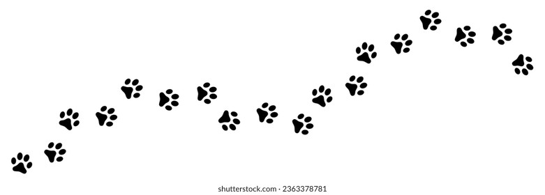 Paw print trail. Dog, puppy, cat paw print. Paw print silhouette animal on white background.