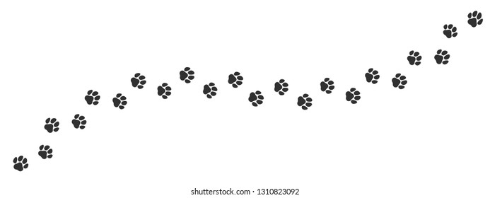 Paw Print Trail On White Background. Vector Cat Or Dog, Pawprint Walk Line Path Pattern Background