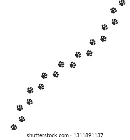 Paw print trail on white background. Vector cat or dog wild animal pawprint walk line, paw path pattern background