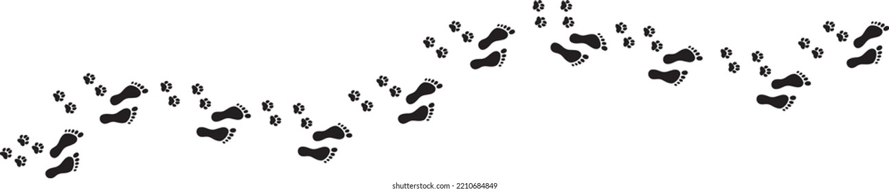 Paw Print Trail On White Background. Vector Cat Or Dog And Man, Pawprint Walk Line Path Pattern Background