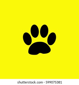 Paw print vector. Black icon on yellow background