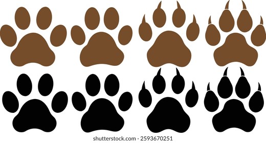 Paw print vector dog and cat footprints in black and brown silhouette