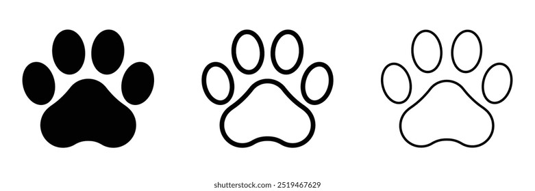 Conjunto de iconos de Vector de impresión de pata. Ilustración de impresión de pata de perro o gato. Silueta negra y diseño de contorno. Huella animal.