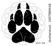 The paw print of a Wolf. On the backdrop of Norse-Celtic ornament, isolated on white, vector illustration