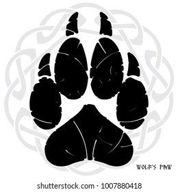 The paw print of a Wolf. On the backdrop of Norse-Celtic ornament, isolated on white, vector illustration