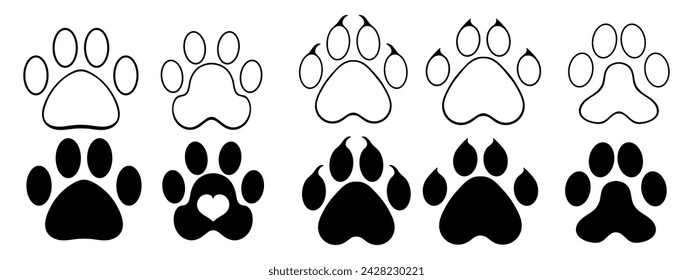 Paw prints. Animal, cat, dog, fox, pads, claws, soft, track, pet, beloved, veterinary, care, heart, walk, pattern, owner, limbs, treat, love, purr, bark, fur, tail, vet. Vector illustration