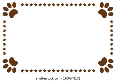 Paw prints animal paws with the stars frame border design template with blank space for your text.